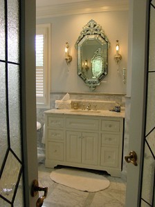 Carerra Marble, Venetian mirror & cabinets; entire bath built by Tom Scott